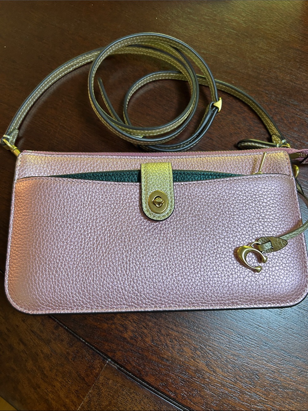 Coach Metallic Blush Pink Pebbled Leather Crossbody with Gold Trim